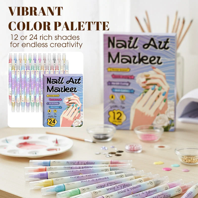 Nagelkunst-Stift-Set mit 2 Spitzen | Schnell trocknend, wasserbasiert | 12 oder 24 Farben | Ohne UV-Lampe | Optional mit Nagelöl