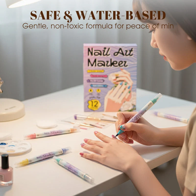 Nagelkunst-Stift-Set mit 2 Spitzen | Schnell trocknend, wasserbasiert | 12 oder 24 Farben | Ohne UV-Lampe | Optional mit Nagelöl