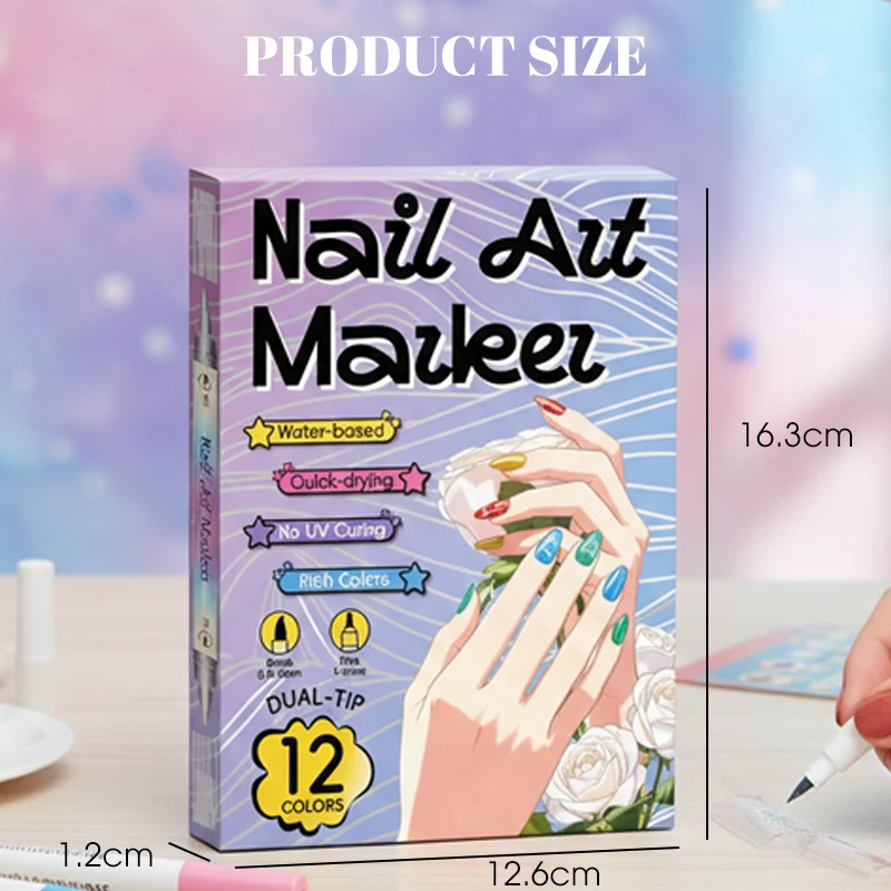Nagelkunst-Stift-Set mit 2 Spitzen | Schnell trocknend, wasserbasiert | 12 oder 24 Farben | Ohne UV-Lampe | Optional mit Nagelöl