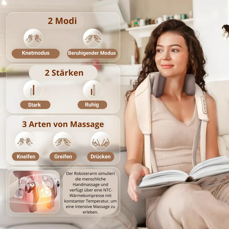 Nacken- & Schultermassagegerät mit Wärmefunktion | 3 Modi, 2 Geschwindigkeiten, 6 Massageköpfe | Kabellos & USB-C, 10-Min Timer