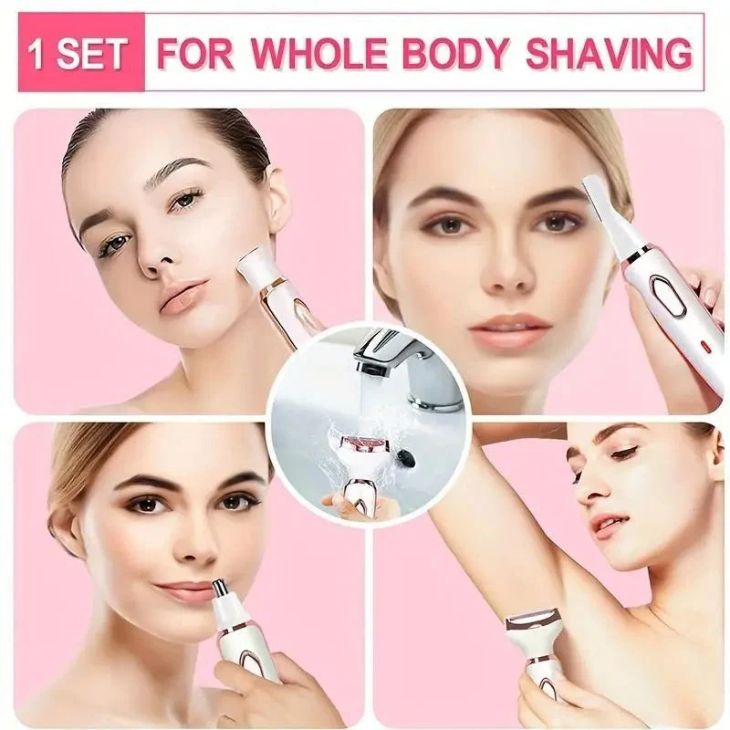 4-in-1 Elektrorasierer für Frauen kabellos | 4 Aufsätze: Rasur, Trimmen, Peeling, Gesichtsreinigung | 90 Min Akku | IPX6