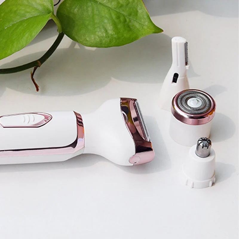 4-in-1 Elektrorasierer für Frauen kabellos | 4 Aufsätze: Rasur, Trimmen, Peeling, Gesichtsreinigung | 90 Min Akku | IPX6