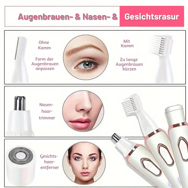 4-in-1 Elektrorasierer für Frauen kabellos | 4 Aufsätze: Rasur, Trimmen, Peeling, Gesichtsreinigung | 90 Min Akku | IPX6