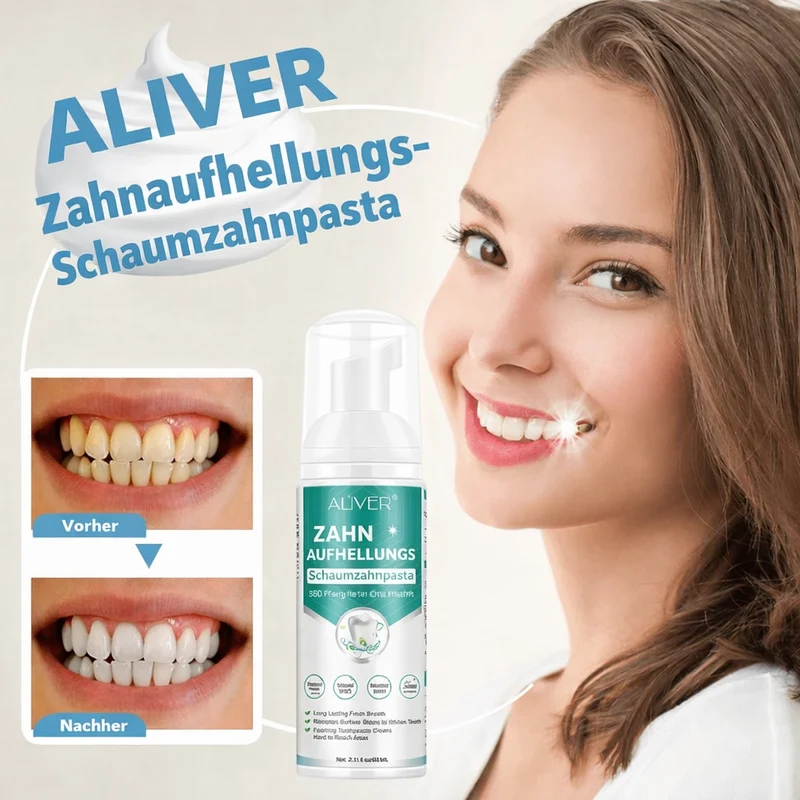 Zahnweiß-Schaumzahnpasta | Aktivschaum gegen Kaffee-, Tee- & Nikotinflecken | Frischer Atem | Sanft für tägliche Anwendung (1+1 Set)