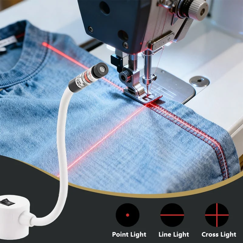 Magnetische Laser-Nähhilfe für Nähmaschine | Gerade Nähte ohne Anzeichnen | Flex-Arm + Ein/Aus-Schalter | Kopf: Linie/Kreuz/Punkt