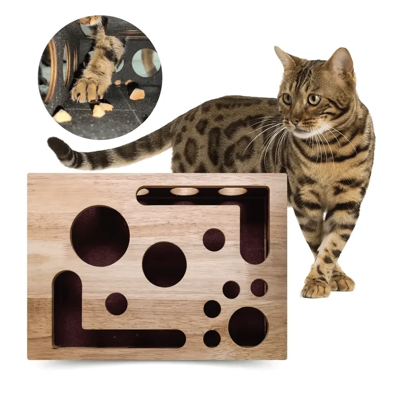 Katzen Kratz-Puzzle Beschäftigungsbox aus Eichenholz | Krallenpflege + mentale Stimulation | Möbel schützen | 30×25×6 cm | 1–2er Pack