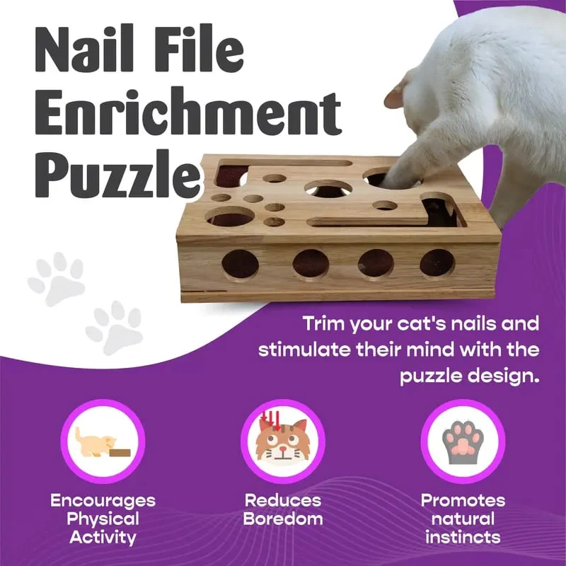 Katzen Kratz-Puzzle Beschäftigungsbox aus Eichenholz | Krallenpflege + mentale Stimulation | Möbel schützen | 30×25×6 cm | 1–2er Pack