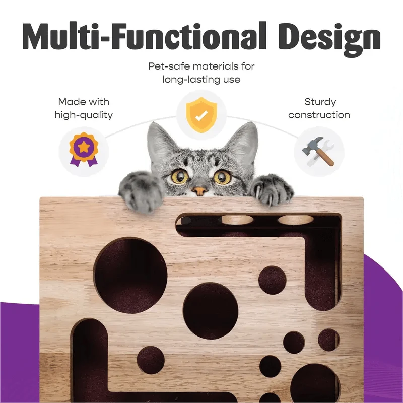 Katzen Kratz-Puzzle Beschäftigungsbox aus Eichenholz | Krallenpflege + mentale Stimulation | Möbel schützen | 30×25×6 cm | 1–2er Pack