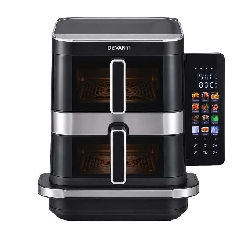 Devanti 12L Air Fryer Dual Basket Stacked 10 Inch Pizza Maker 2800W Touch Black