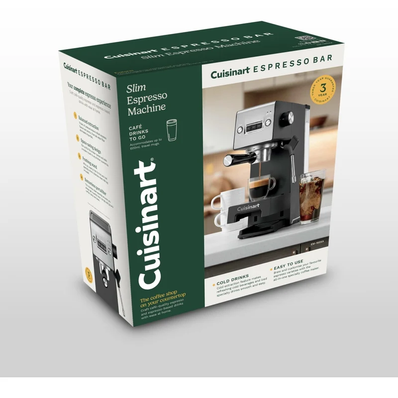 Cuisinart Slim Espresso Coffee Machine 15 Bars Pressure Steam Wand 1.5L Tank