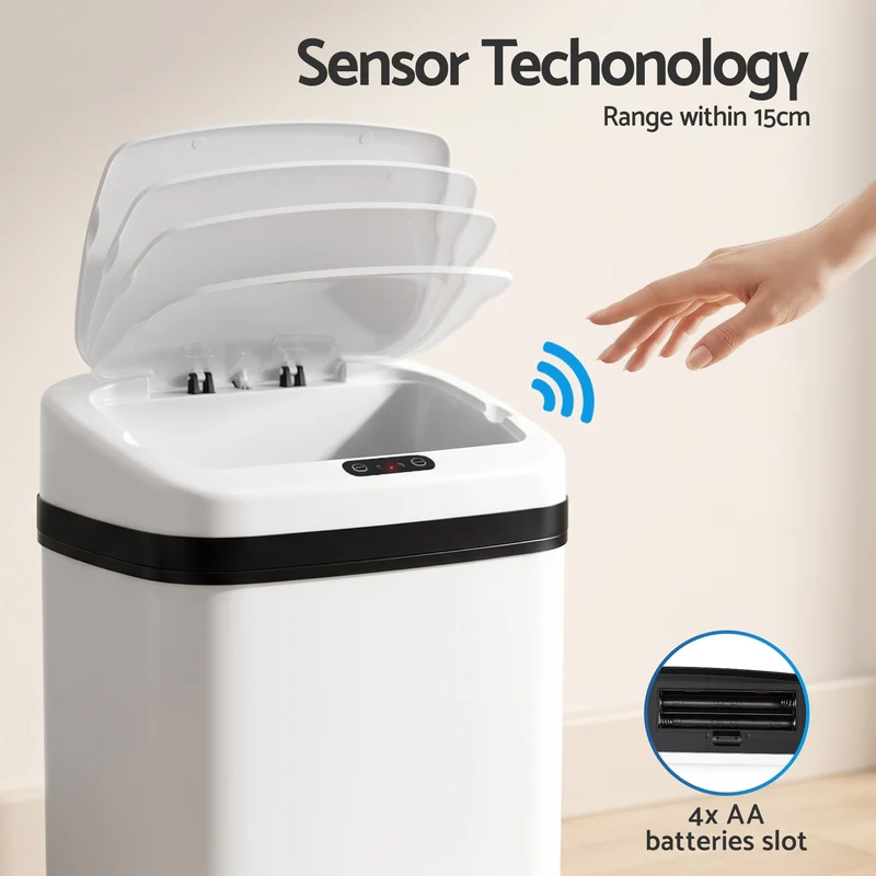 Devanti 15L Motion Sensor Bin Touchless Bins Soft-Close Rubbish Trash Can White