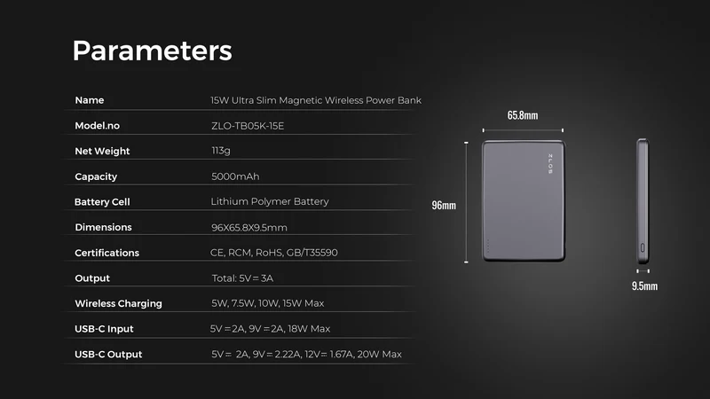 ZLOS 5000mAh 15W Ultra-Thin Mini Power Bank