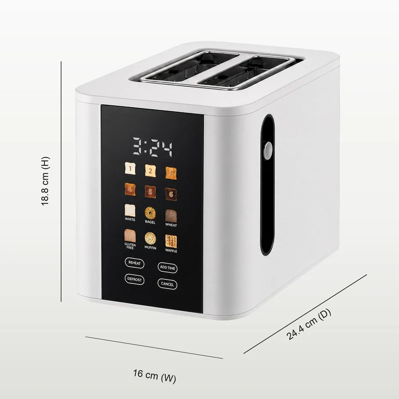 Healthy Choice 2-Slice Digital Toaster 800-950W Smart Touch Screen 6 Browning Levels Reheat & Defrost - White