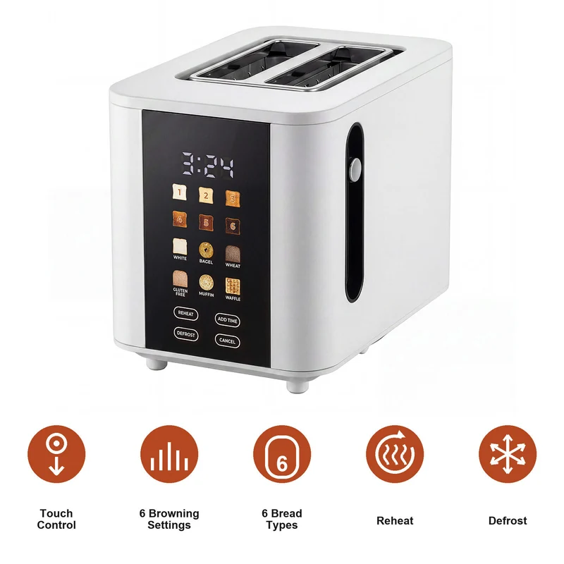 Healthy Choice 2-Slice Digital Toaster 800-950W Smart Touch Screen 6 Browning Levels Reheat & Defrost - White