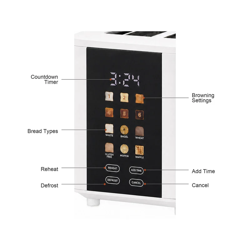 Healthy Choice 4-Slice Digital Toaster 800-950W Smart Touch Screen 6 Browning Levels – White