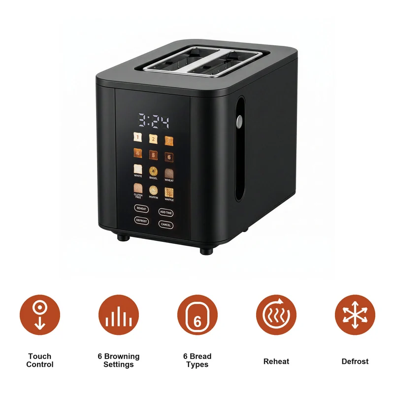 Healthy Choice 2-Slice Digital Toaster 800-950W Smart Touch Screen 6 Browning Levels Reheat & Defrost - Black