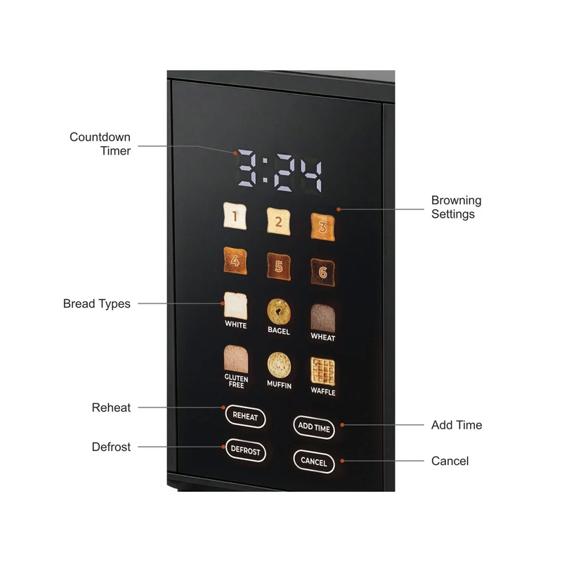 Healthy Choice 2-Slice Digital Toaster 800-950W Smart Touch Screen 6 Browning Levels Reheat & Defrost - Black