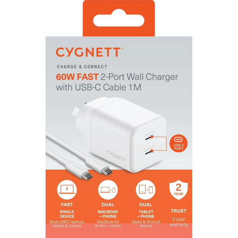 Cygnett Charge & Connect 60W Dual USB-C Wall Charger with 1m C-C Cable (White)
