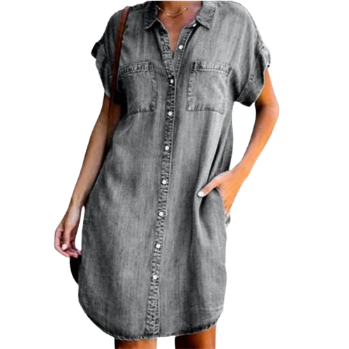 Robe Tunique Chemise en Jean manches courtes et poches