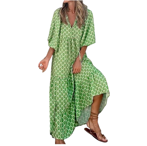 Robe longue élégante à manches bouffantes - Motifs