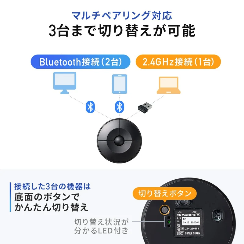 Sanwa Direct UFO Mouse Bluetooth Mouse USB-A Receiver Black 400-MAWBT198BK