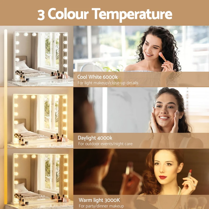 Embellir Makeup Mirror 80x60cm Hollywood Vanity with LED Light Tabletop White