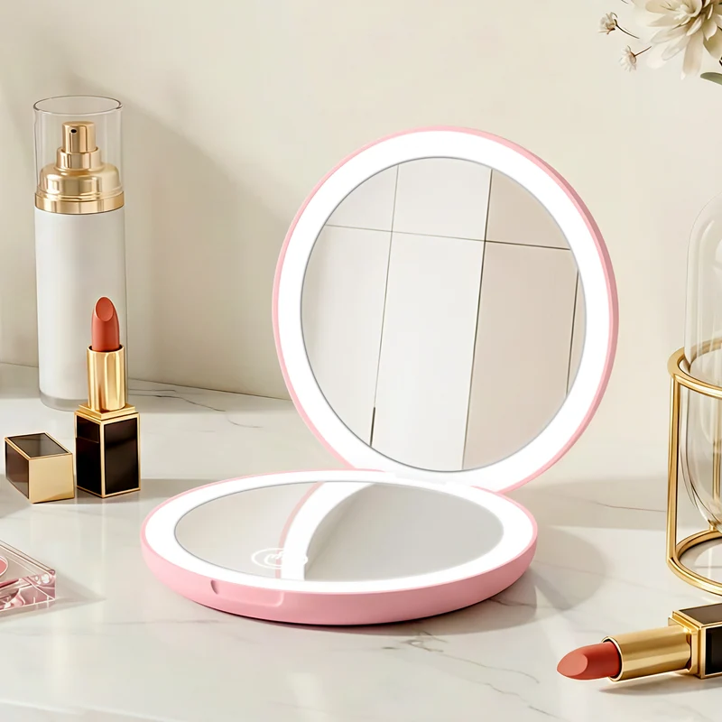 Embellir LED Compact Mirror Lighted Travel Makeup Mirror Pocket-Sized 1x 10x Magnification Round Pink