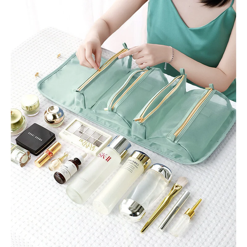 Reise Kosmetiktasche mit 4 Fächern | Faltbare Hänge-Kulturtasche aus Nylon | Abnehmbarer Make-up Organizer