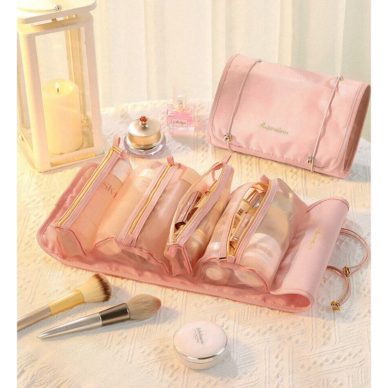 Reise Kosmetiktasche mit 4 Fächern | Faltbare Hänge-Kulturtasche aus Nylon | Abnehmbarer Make-up Organizer