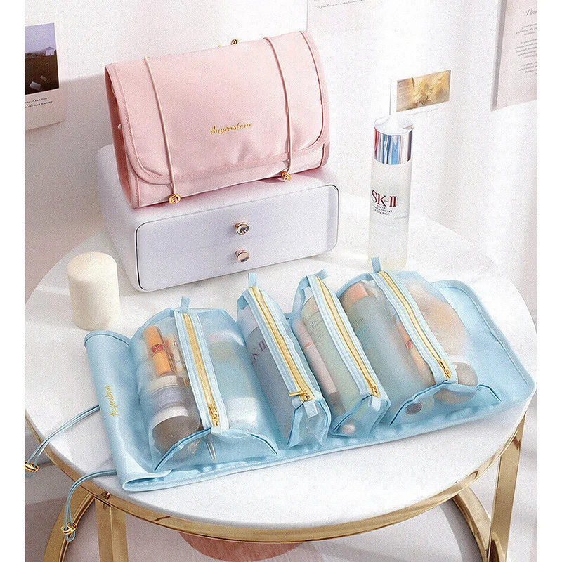 Reise Kosmetiktasche mit 4 Fächern | Faltbare Hänge-Kulturtasche aus Nylon | Abnehmbarer Make-up Organizer