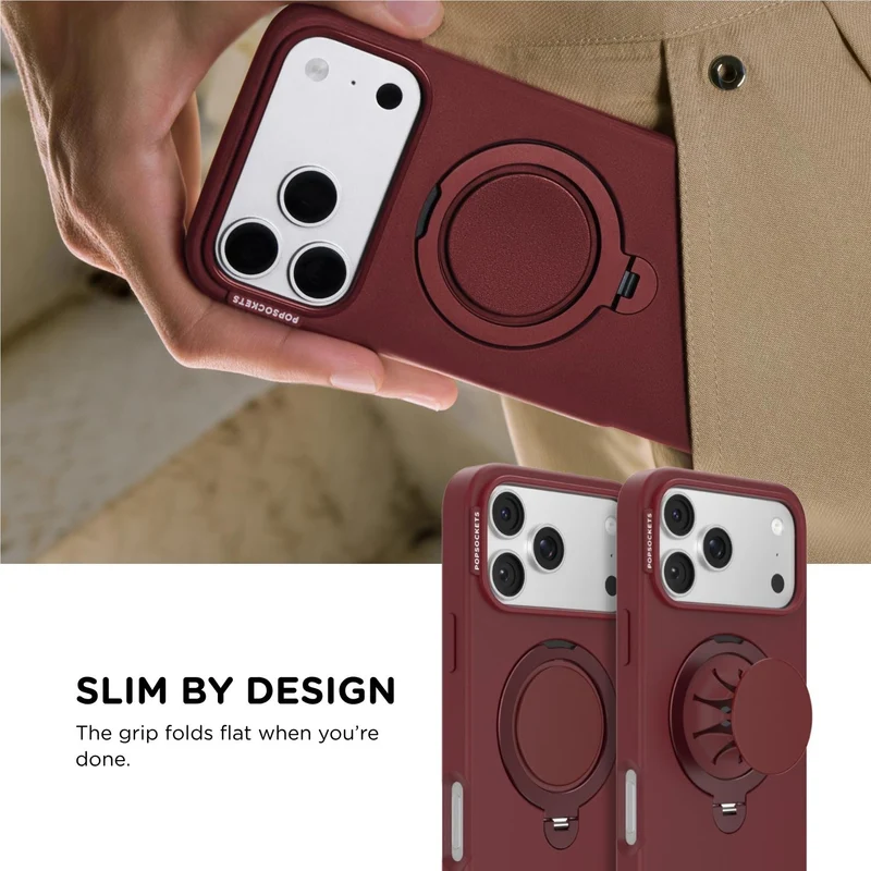 PopSockets Low-Pro MagSafe Protective Case with Built-in Grip Stand for iPhone 18 Pro (Burgundy)