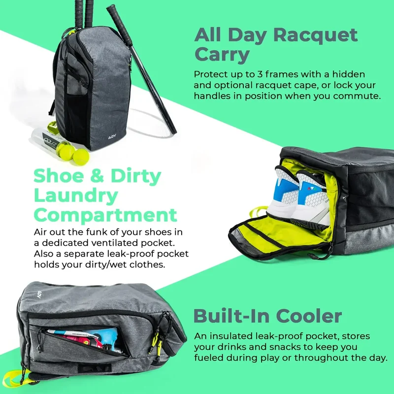ADV Tennis Backpack V2 Bag (3 Racquet Capacity) with 16" Laptop Sleeve + Cooler in Volt Charcoal