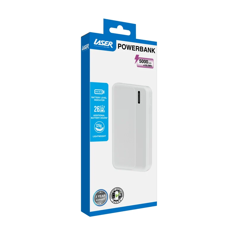 Laser Slim 5000mAh Power Bank with LED Indicator (White)