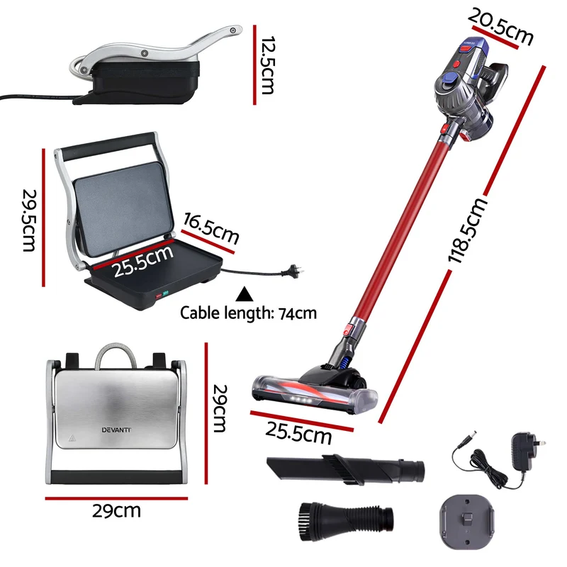 Devanti K7 Cordless Stick Vacuum Cleaner plus Sandwich Maker Panini Press