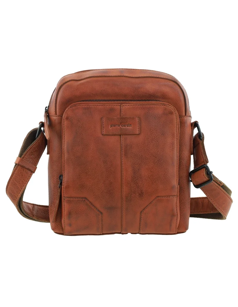 Pierre Cardin Men's Leather Rustic Shoulder Crossbody Bag 25x29cm Cognac