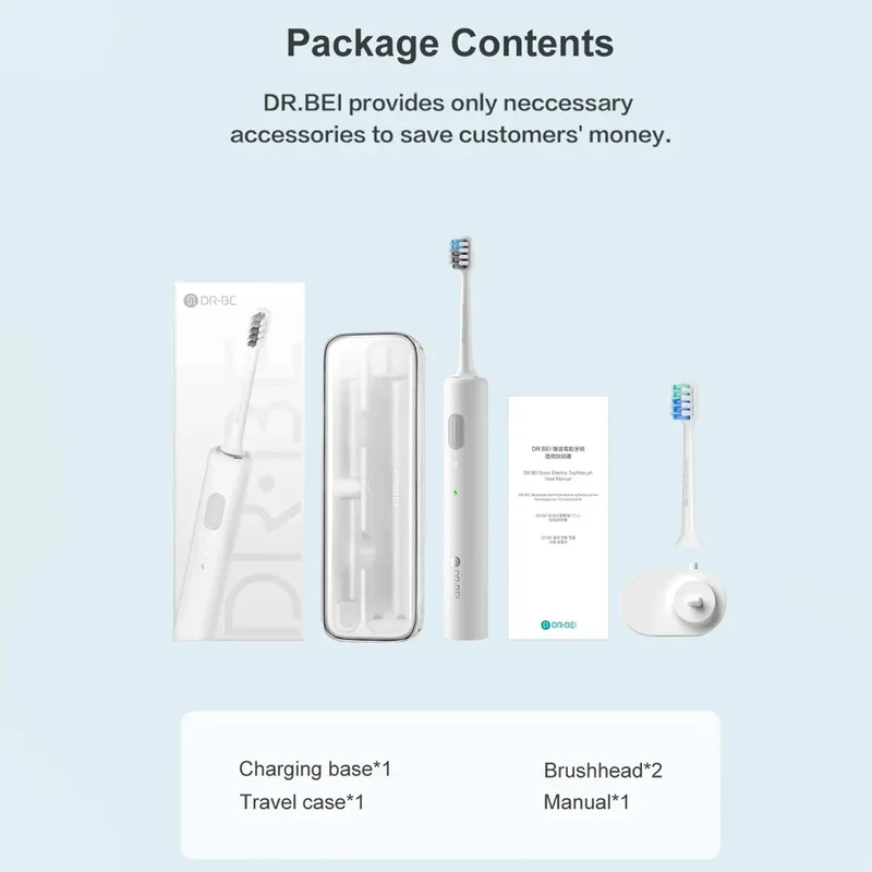 DR.BEI Sonic Electric Toothbrush Rechargeable Portable (White)