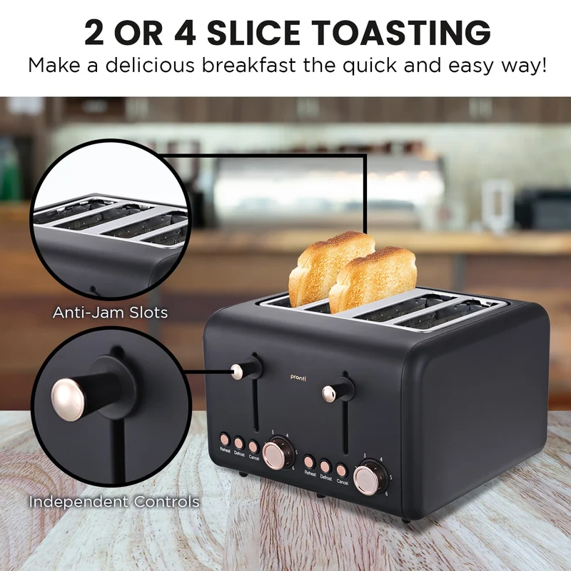Pronti Toaster, 1.7L Kettle & Coffee Machine Stainless Steel Breakfast Set (Black)