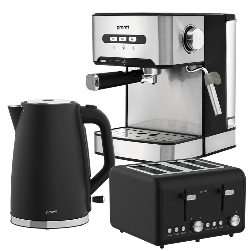 Pronti Breakfast Set with 1.6L Coffee Machine, Silver Noir Toaster & Kettle