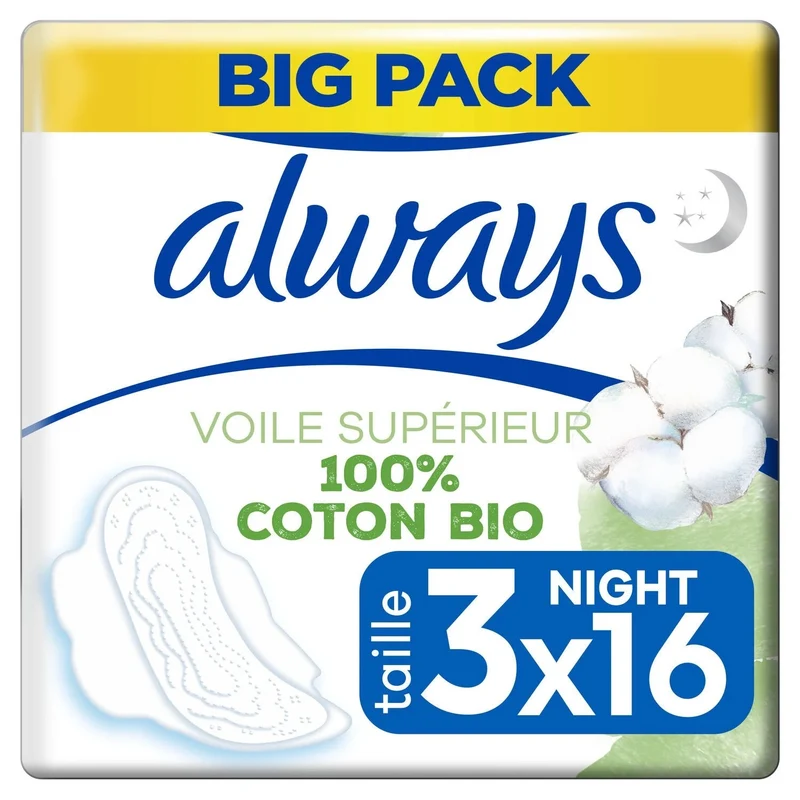 Serviettes hygiéniques 100 % coton bio Night T3 16 unités Always