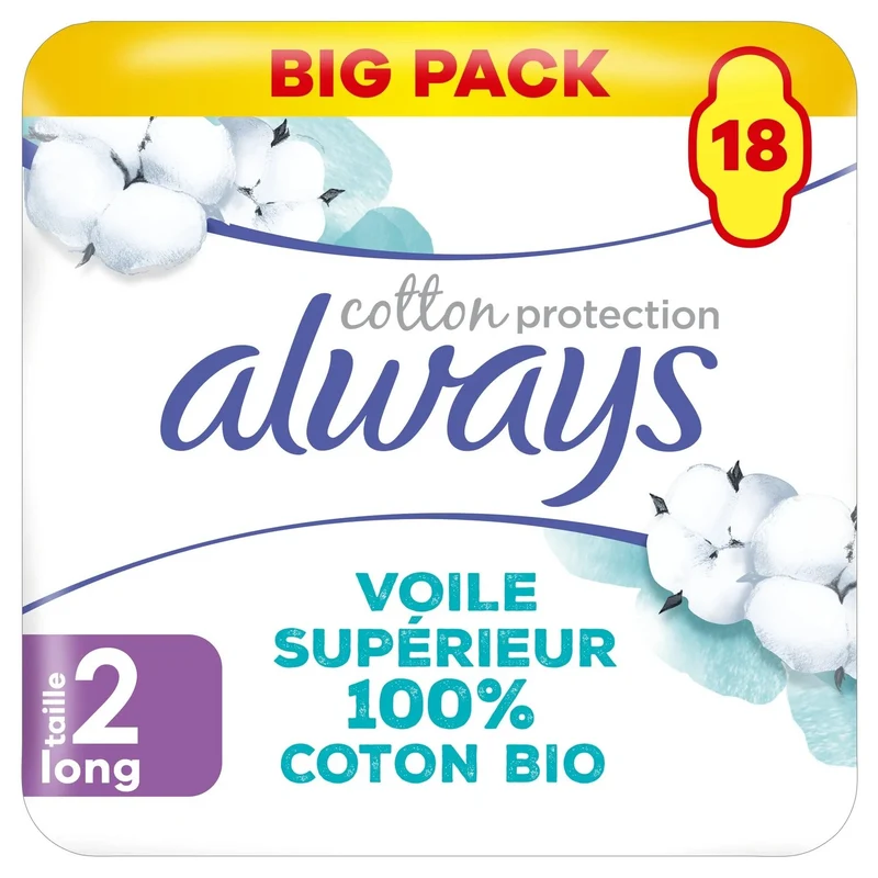 Serviettes hygiéniques 100 % coton bio Long T2 18 unités Always