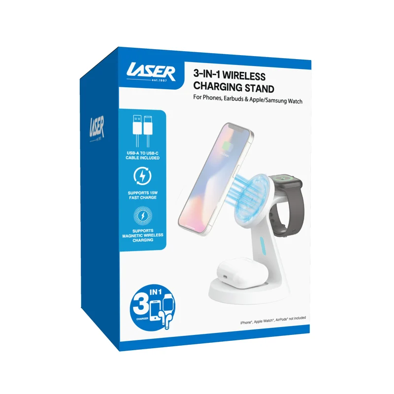 Laser 3 in 1 Wireless Charging Stand for Phone and Watch (White)