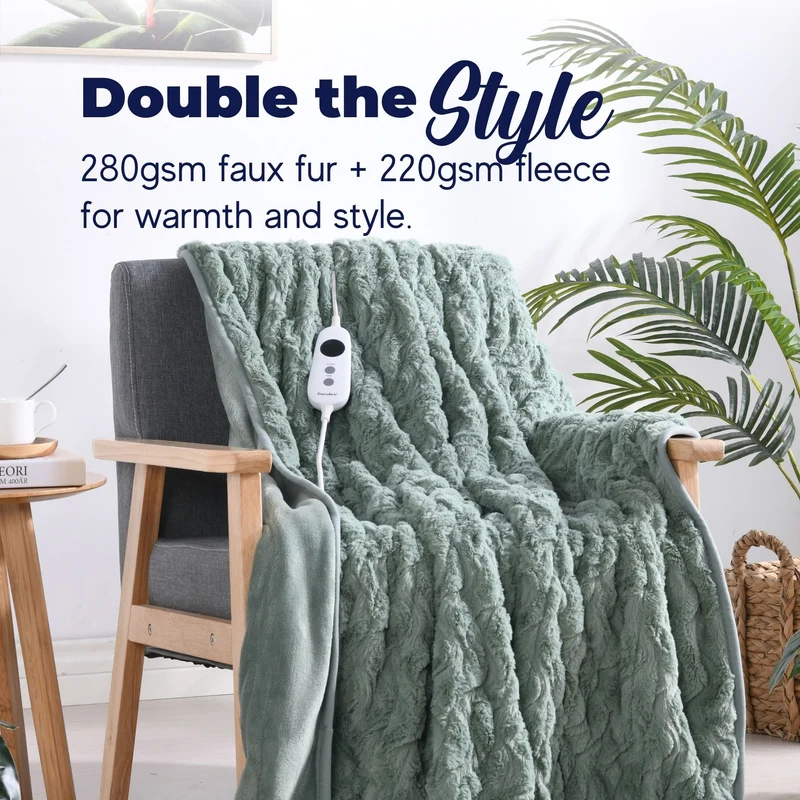 Dreamaker 500gsm Faux Fur Electric Heated Throw Blanket [130x160cm] (Leaf)