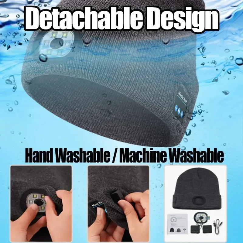 Cappello Unisex 3-i-1 Bluetooth-hue - 6 LED, ricaricabile USB con cuffie per uso invernale