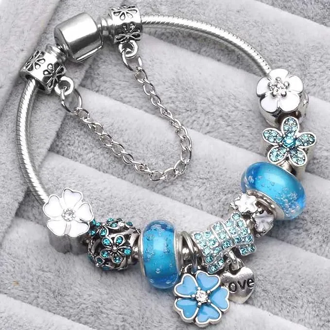 Bracciale in argento sterling 925 con charm a forma di fiore | Elegante regalo di gioielli per donna