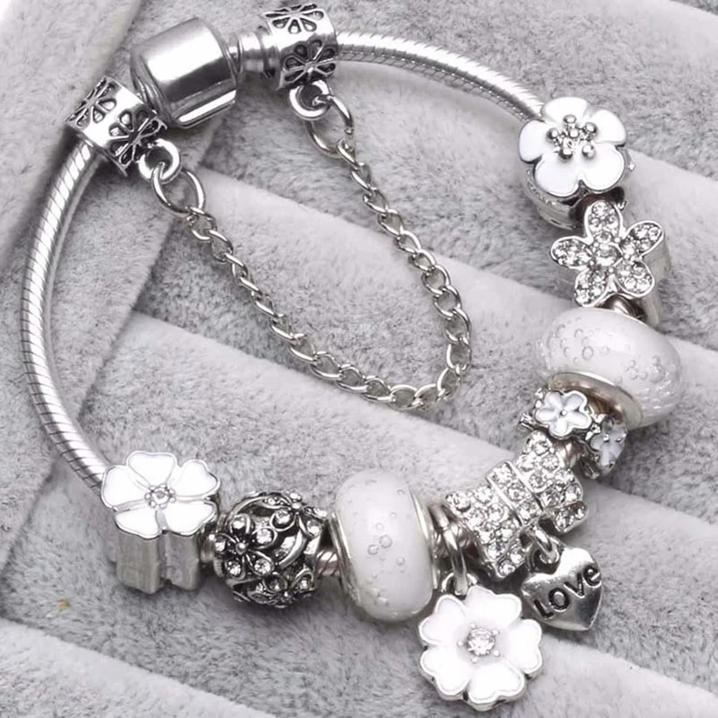 Bracciale in argento sterling 925 con charm a forma di fiore | Elegante regalo di gioielli per donna