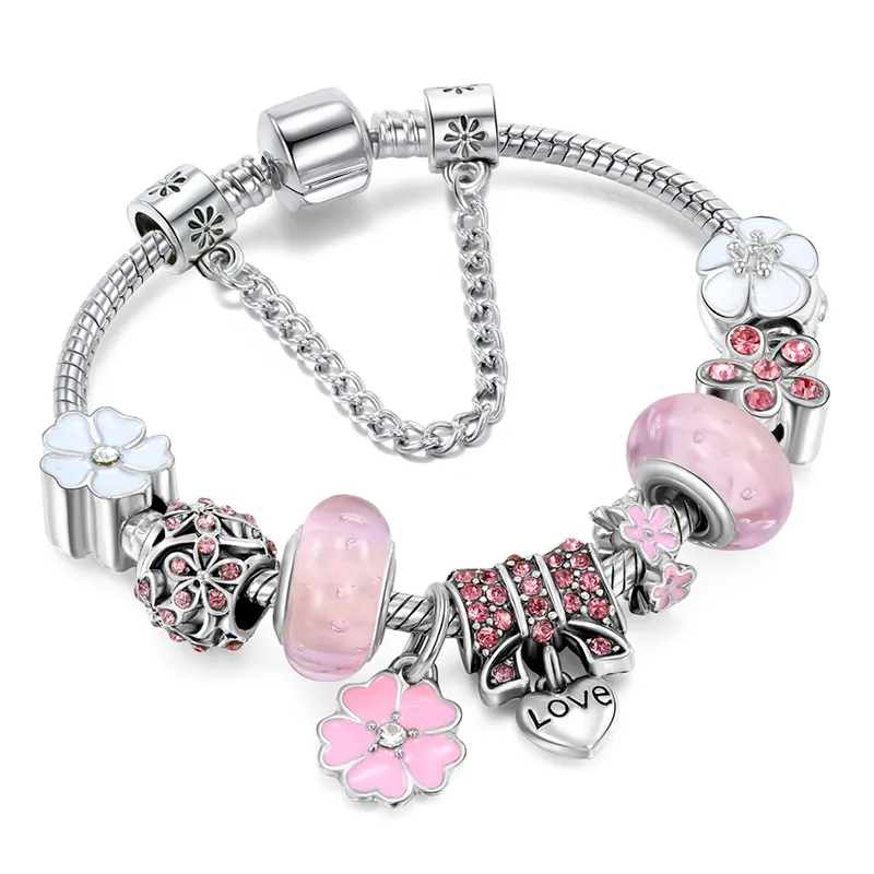 Bracciale in argento sterling 925 con charm a forma di fiore | Elegante regalo di gioielli per donna