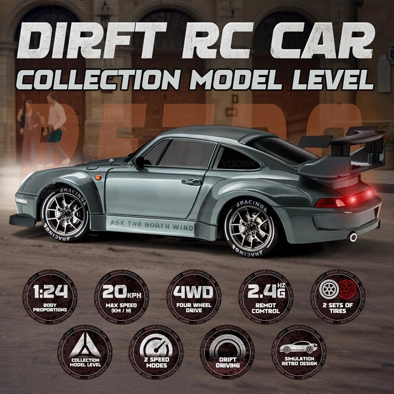 Ultimate 1:24 RC Driftcar con ruote LED – Giocattolo da corsa ricaricabile 4WD