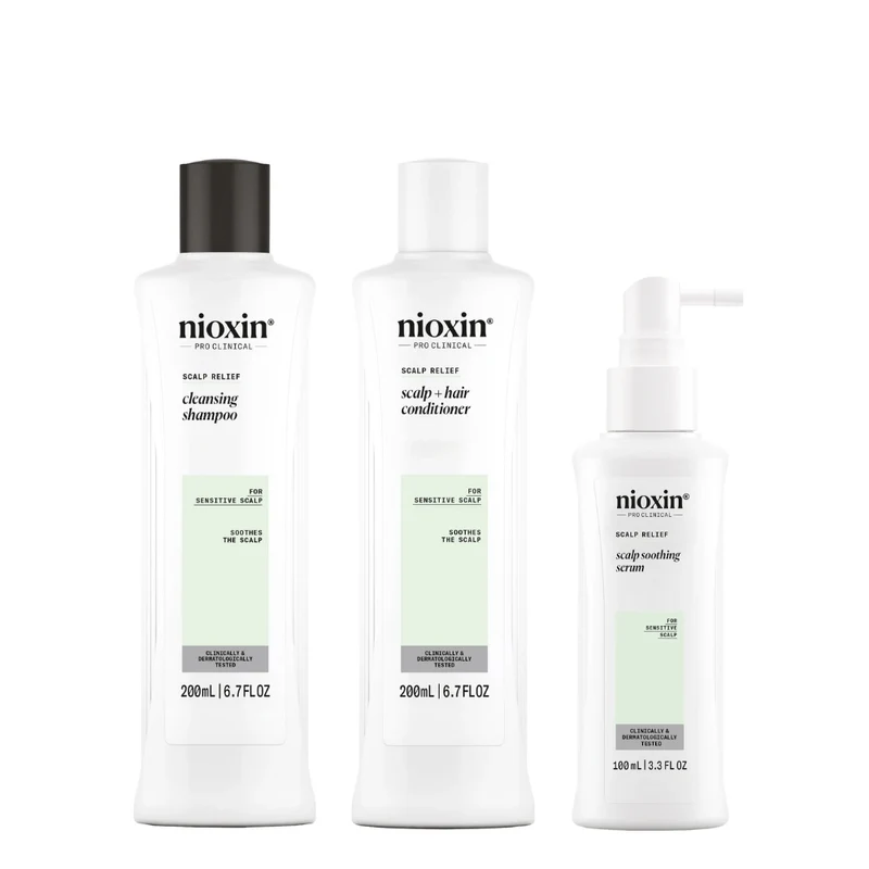 Trio apaisant shampoing, revitalisant et sérum sans rinçage cheveux + cuir chevelu Système "Scalp Relief" - Pour le cuir chevelu sensible, sec et qui démange (2x 200ml/6.76oz, 100ml/3.4oz)