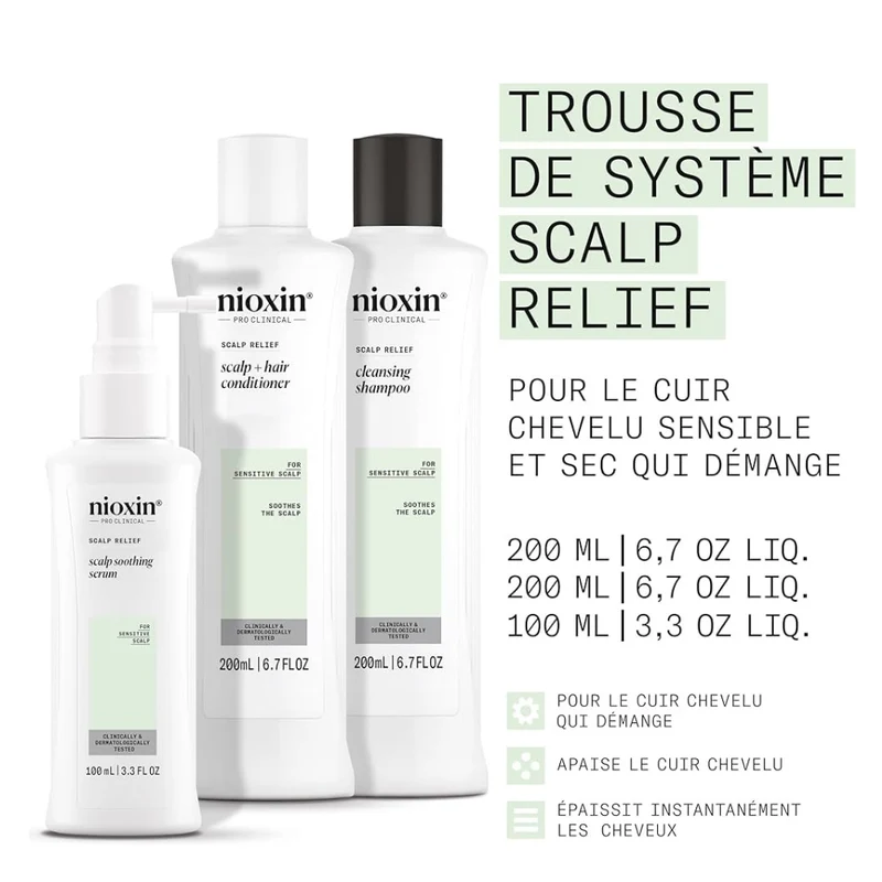 Trio apaisant shampoing, revitalisant et sérum sans rinçage cheveux + cuir chevelu Système "Scalp Relief" - Pour le cuir chevelu sensible, sec et qui démange (2x 200ml/6.76oz, 100ml/3.4oz)