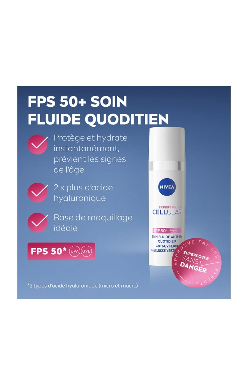 Soin fluide anti UV SPF 50+ - Cellular Expert Filler - Acide hyaluronique - Visage - 30 ml